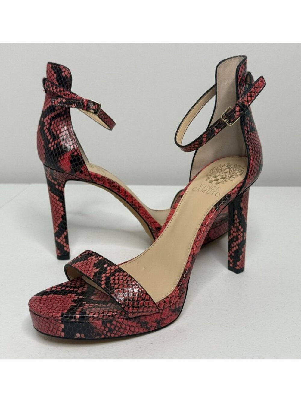 Vince Camuto Red Snakeskin Platform Heels Ankle Strap Sandals Size 8